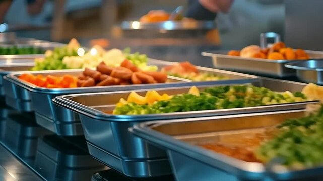 Trays on the buffet line are heated and ready to be served. Food catering banquet in a hotel with buffets for breakfast and lunch.