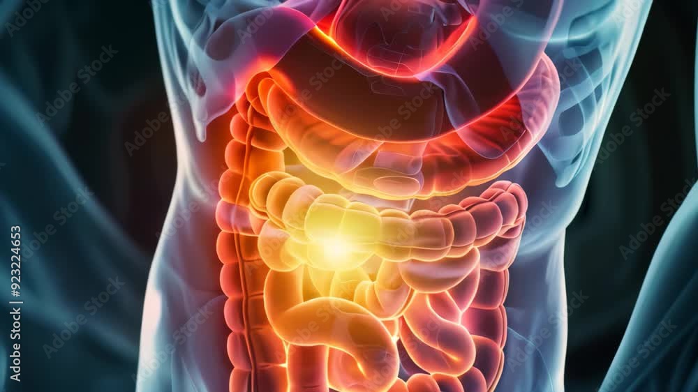 Poster a human stomach illuminated with a light source, showing internal structures and details, visual rep