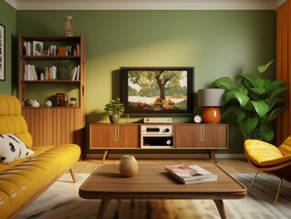 Mid-century modern living room with yellow sofa, armchair, wood furniture and green wall.