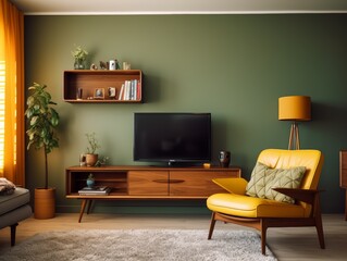 Mid-century modern living room with yellow armchair, green wall, and wooden TV stand.