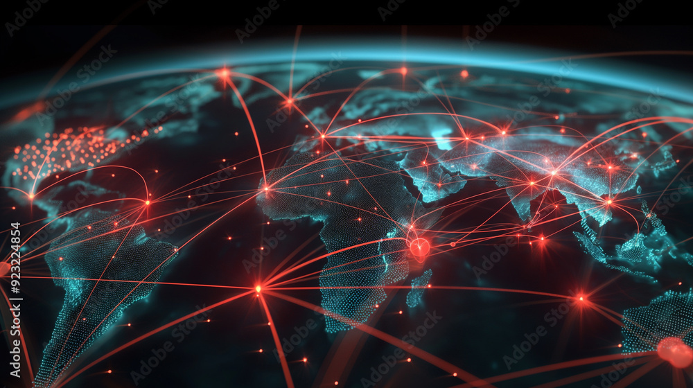 Poster a global business financial network scene with interconnected nodes representing various digital tra