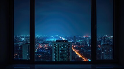 View of the night city through the window. Dark and melancholic atmosphere.