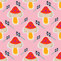 Seamless funny Red mushroom great for modern fabric designs, wallpapers, backgrounds, and contemporary art projects. on pink backgound