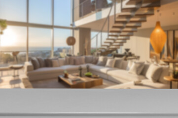 Empty stone top table with blurred bedroom interior Background, for product display.