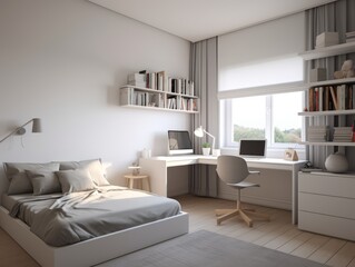 Fototapeta premium Minimalist bedroom interior design with white bed, desk, and shelves.
