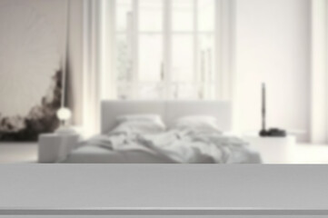 Empty stone top table with blurred bedroom interior Background, for product display.