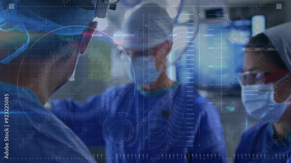 Poster surgeons operating in hospital with medical data processing animation overlay