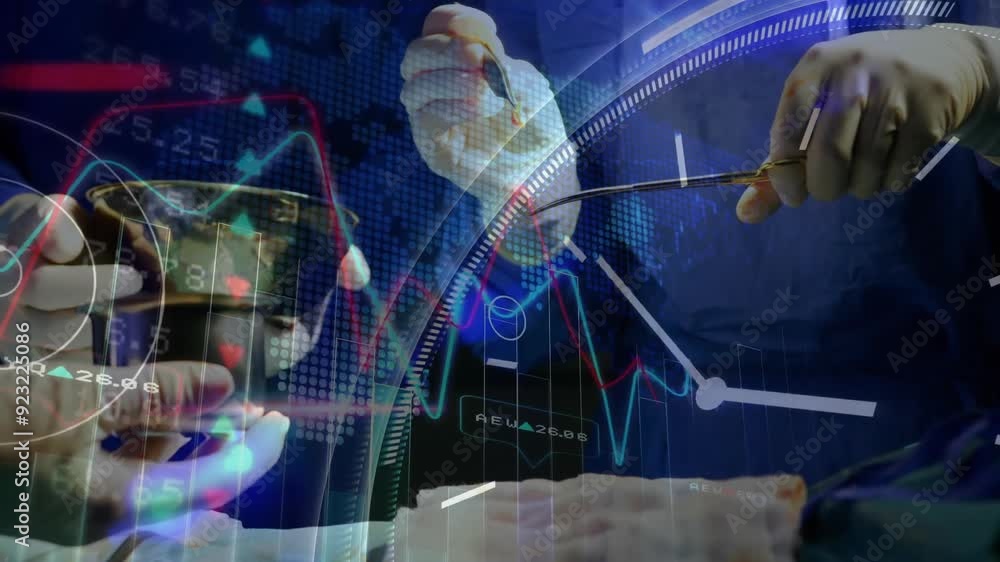 Poster surgeons performing operation with medical data and graphs animation overlay