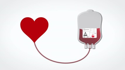 Heart symbol pumps blood into plastic bag of blood donation, concept help for people, blood donation day, animation on white background - Powered by Adobe