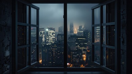 View of the night city through the window. Dark and melancholic atmosphere.