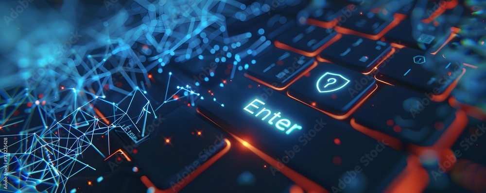 Poster cybersecurity concept with a glowing enter key on a keyboard