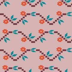 seamless Pixel art tribal pattern featuring geometric ethnic designs in traditional folk motif style, with orange, green colors, perfect for vintage-style textiles, fabrics, wallpapers