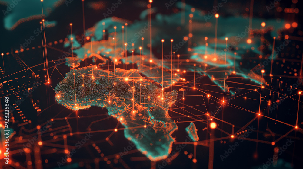 Poster a global business financial network scene with interconnected nodes representing various digital tra