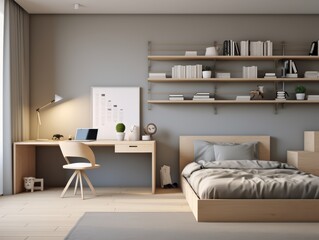 Minimalist bedroom with a wooden bed, desk, and shelves with books and plants.