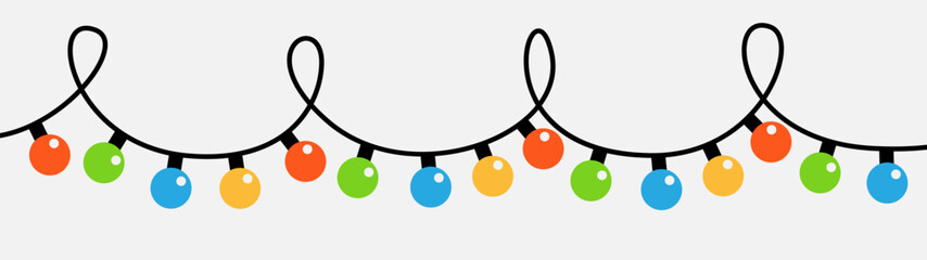 Christmas lights set. Lightbulb glowing garland line. Colorful string fairy light. Round shape. Cartoon holiday festive xmas decoration. Rainbow color. Flat design. Isolated. Black background. Vector