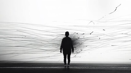 Solitary figure stands amid swirling chaos. Animated lines and particles surround the silhouette, visualizing inner turmoil and complex thoughts in stark black and white contrast.	