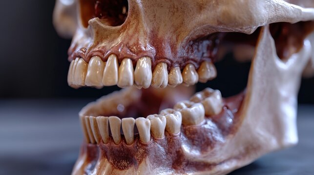 The close-up view shows the intricate details of a human skull highlighting dental trauma and the effects of a dry socket condition