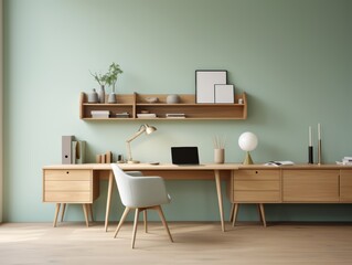 Minimalist home office with a wooden desk, a chair, and a green wall.