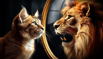 Face to face between a kitten and a lion roaring. Close-up of a cute kitten looking in the mirror, in the mirror the head of a roaring lion. Generative Ai. © Alberto Masnovo