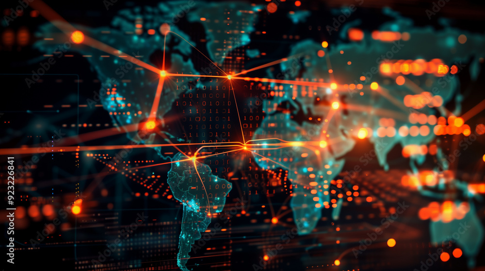 Poster a global business financial network scene with interconnected nodes representing various digital tra