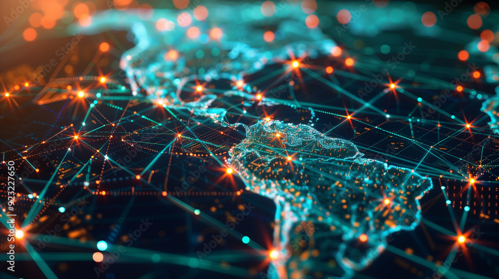 Poster a global business financial network scene with interconnected nodes representing various digital tra