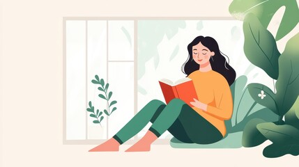 Fototapeta premium A joyful woman absorbed in a book, surrounded by the fresh vibes of spring and a cozy home atmosphere, in a minimal style.