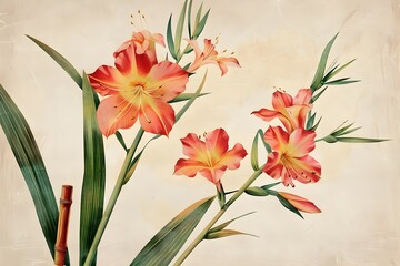 Blooming Orange Lilies with Green Leaves and Bamboo.