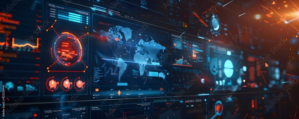 Poster futuristic digital interface with world map and data displays