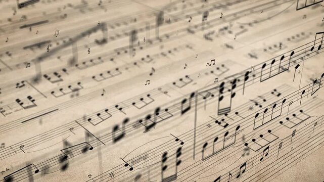 Gentle slow tracking shot over old sheet music with notes dancing on the lines, single notes flying through the air, retro music piece, depth of field animation