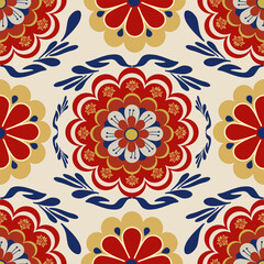 Seamless Pattern experience the elegance of this ornate damask floral pattern, featuring vibrant red , yellow flowers and intricate blue leaves against a creamy background. Classic Damask