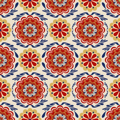 seamless damask pattern with red, darkblue and yellow melon flower. Perfect for textiles, wallpapers, wrapping paper, and digital backgrounds, adding elegance and sophistication. on cream background