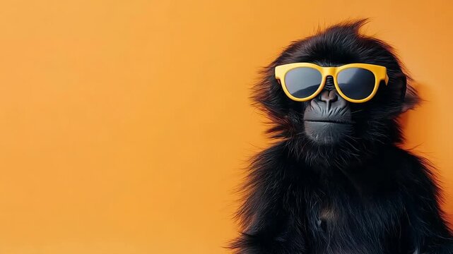 Stylish monkey wearing yellow glasses on orange background