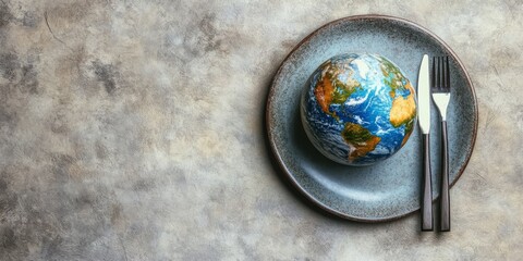 Global Feast on a Platter: A Globe on a Plate with Cutlery, Celebrating World Food Day with a Conceptual Background for a Hunger-Free World