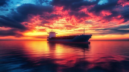 Obraz premium A dramatic sunset over a cargo ship at sea, with vibrant colors reflecting on the water.