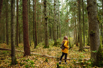 Young woman walks through a pine forest, restoring health and psyche in nature. Forest baths....