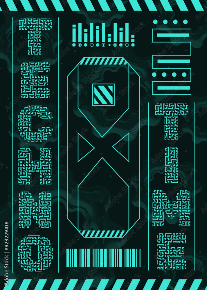 Aufkleber cyberpunk style poster design template with 3d shapes in y2k style with chromed metal effect. vector