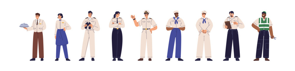 Ship's crew set. Sailing personnel, maritime staff in uniform. Marine team, captain, navigator, sailor, officer, boatswain, service worker. Flat vector illustration isolated on white background