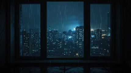 View of the night city through the window. Dark and melancholic atmosphere.