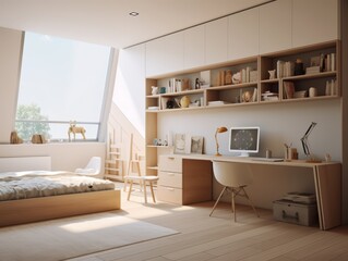 Modern bedroom with a bed, a desk, a bookcase, and a large window with natural light.