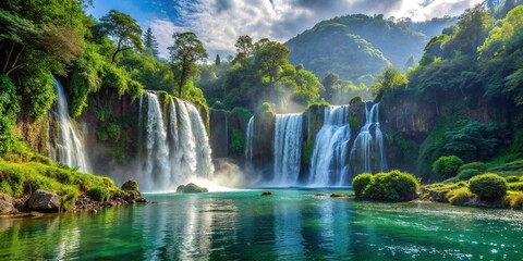 Majestic waterfall cascades into a serene lake, surrounded by lush green forest and misty atmosphere, inviting explorers to embark on a thrilling wilderness escapade.
