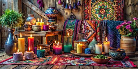 Vibrant tapestry, colorful candles, and eclectic decorative items beautifully arranged on a rustic wooden table, evoking a cozy and free-spirited bohemian lifestyle ambiance.