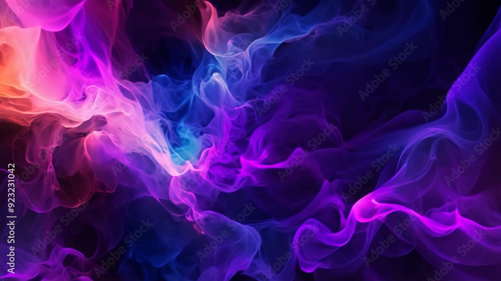 Poster computer-generated video of vibrant, colorful smoke creating pulsating waves of energy in a digital 