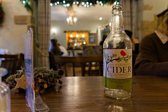 A bottle of Ashover cider in a n a restaurant, November 18, 2023 in Bakewell Derbyshire UK