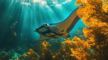Obraz premium Graceful manta ray gliding through vibrant coral reef, illuminated by sunbeams. A serene underwater scene full of life.