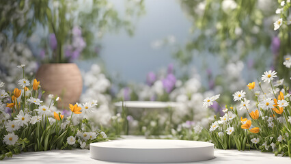 there is a white platform in the middle of a garden with flowers