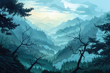 A Misty Mountain Range with Silhouetted Trees