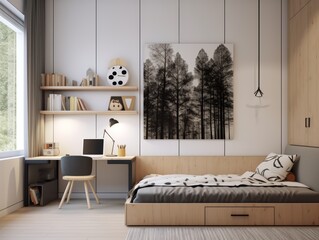 Modern bedroom with a desk, a bed, and a large window.  The room has a minimalist design with light wood floors and white walls.