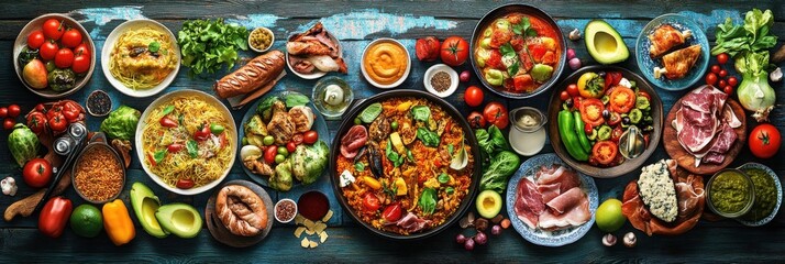 Top view of chicken, eggs, and vegetable salad in a black bowl on dark background