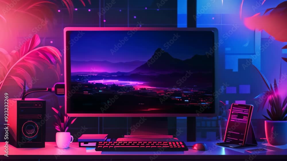 Poster A desktop computer placed on top of a desk, ready for use in a work or study environment, Web development. programming languages