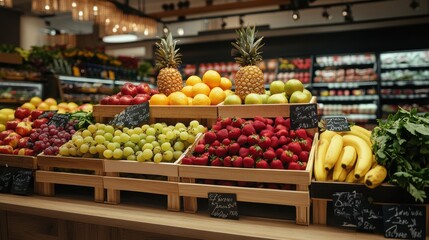 Supermarket fruit display stand with tropical fruits in baskets, close-up shot